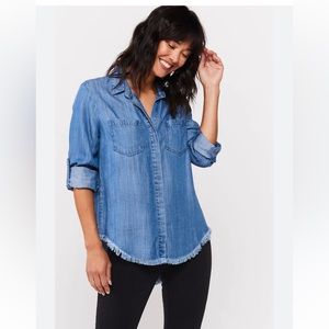 Anthropologie Cloth & Stone Chambray Tencel Button Up Shirt High Low frayed hem